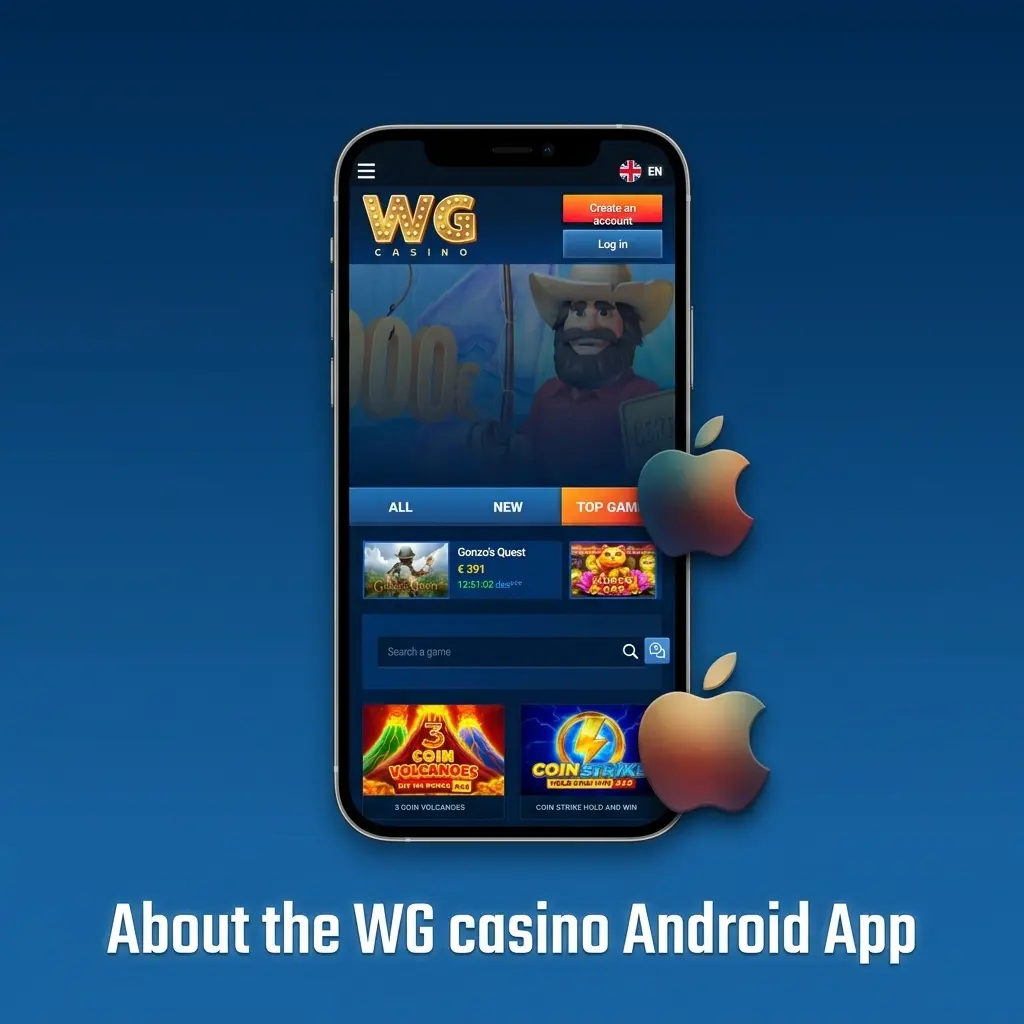 WG Casino Android app interface showing sports betting, slots, and live table games available for free download