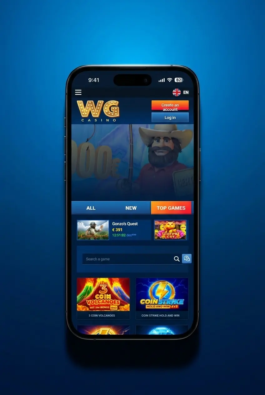 WG Casino iOS app interface displayed on iPhone showing sports, slots, live tables and account features