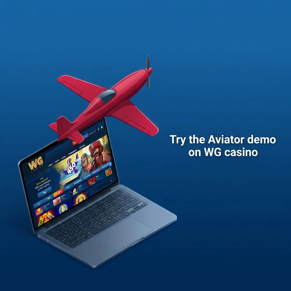 Aviator demo game on WG Casino showing red aeroplane multiplier with virtual chips for risk-free practice