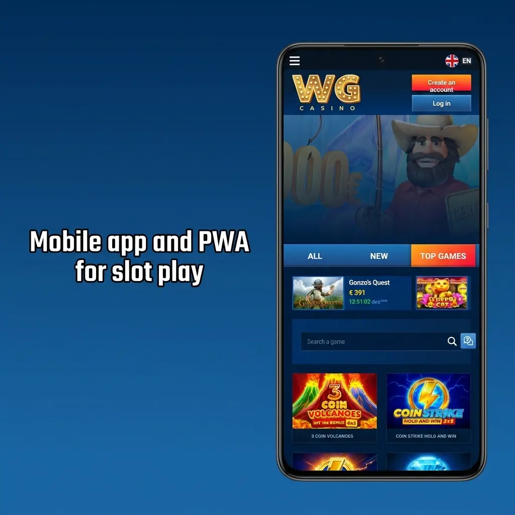 Mobile app and PWA for slot play on Android and iOS, with fast access to casino slots, filters, and synced balance