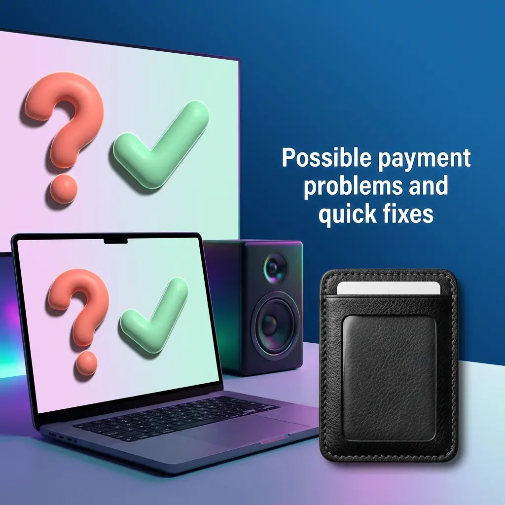 Infographic showing common payment problems like card declines, 3D Secure failures, and crypto issues with quick fixes