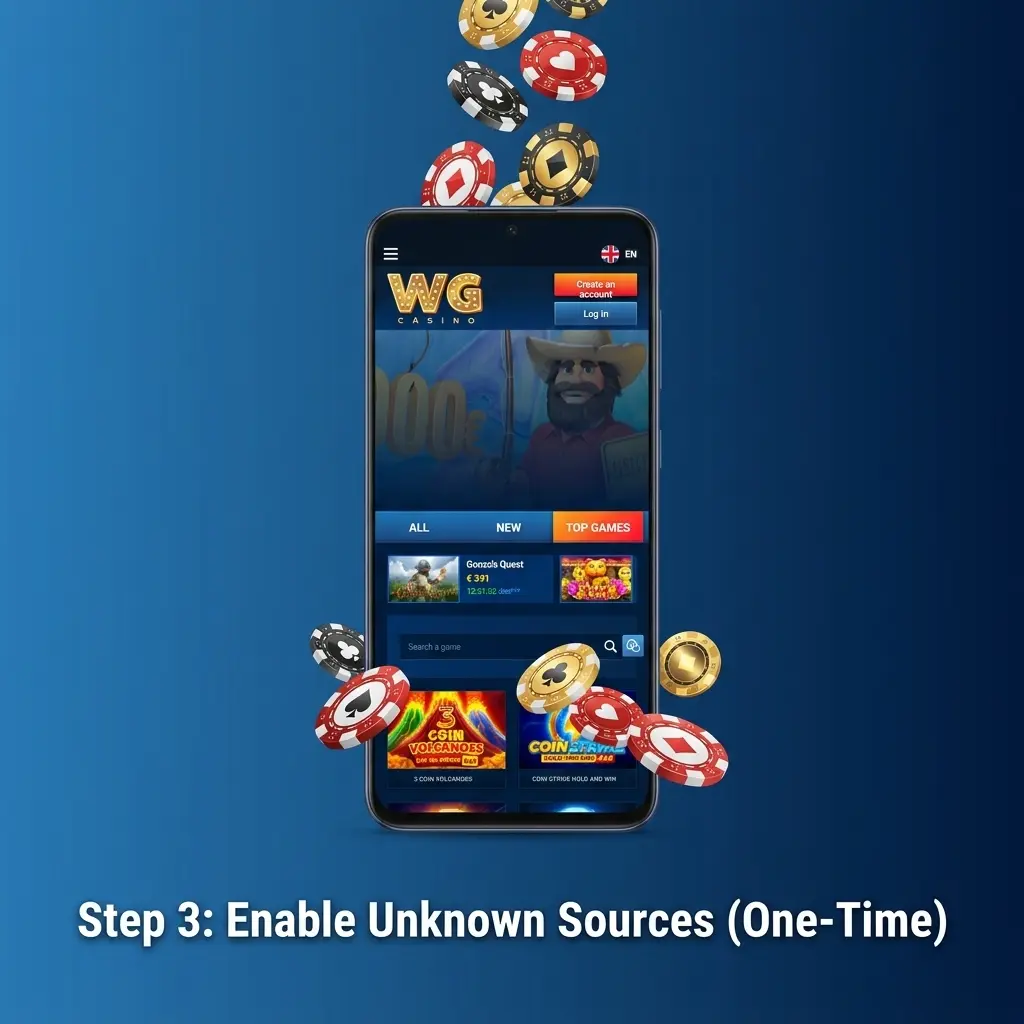 Android settings screen showing Enable Unknown Sources option to allow safe WG casino APK installation