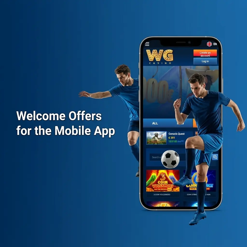 Mobile app welcome offers showing Sports and Casino bonus packages for new users with matched bonuses and free spins