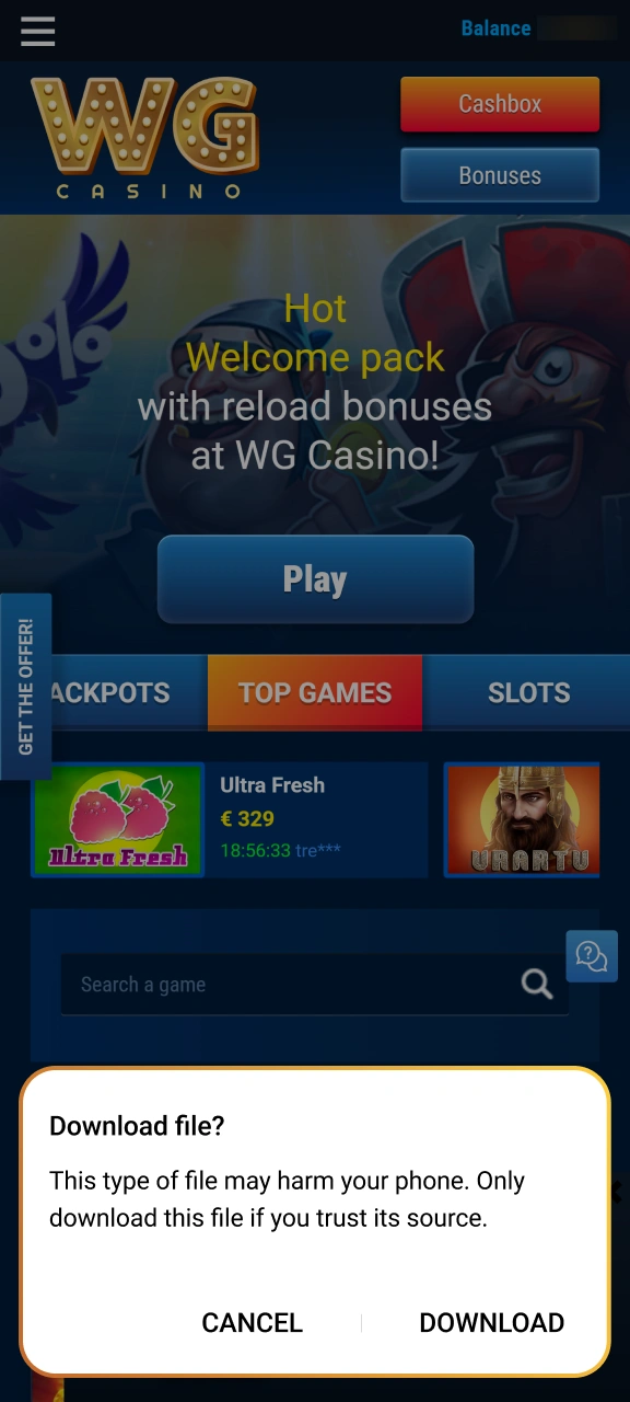 Confirm the file download to proceed on WG casino.