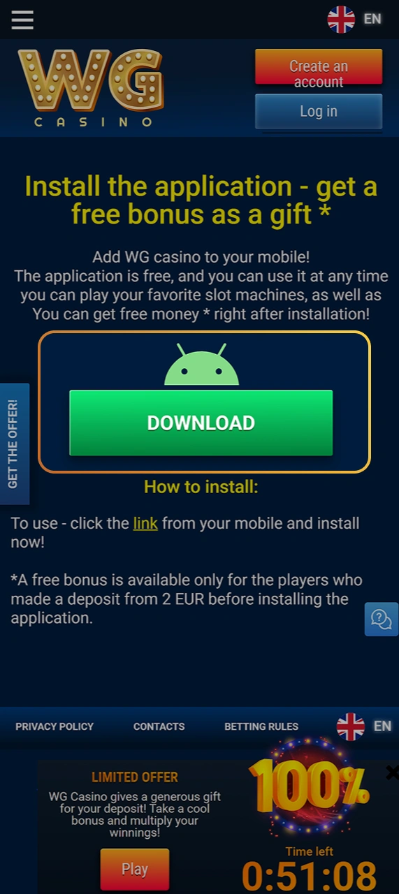 Get the newest Android installer from WG casino.