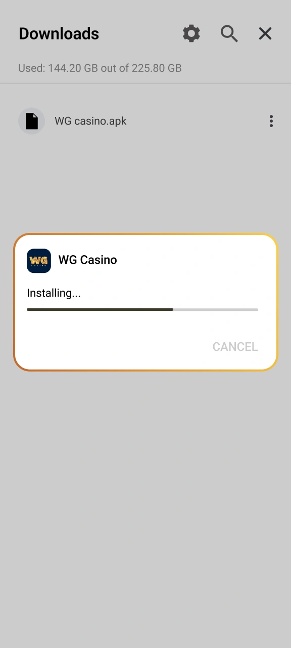 Complete the APK installation to access WG casino games.