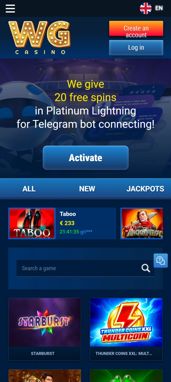 Visit the official mobile site of WG casino.