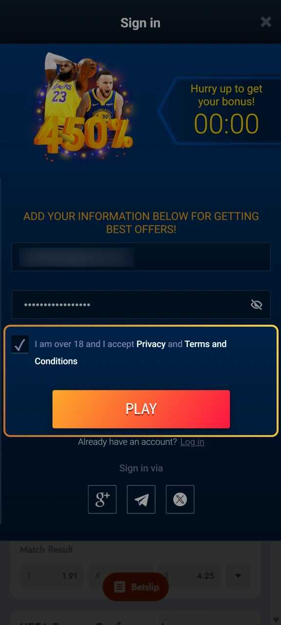 Accept user terms and finalize registration on WG casino.