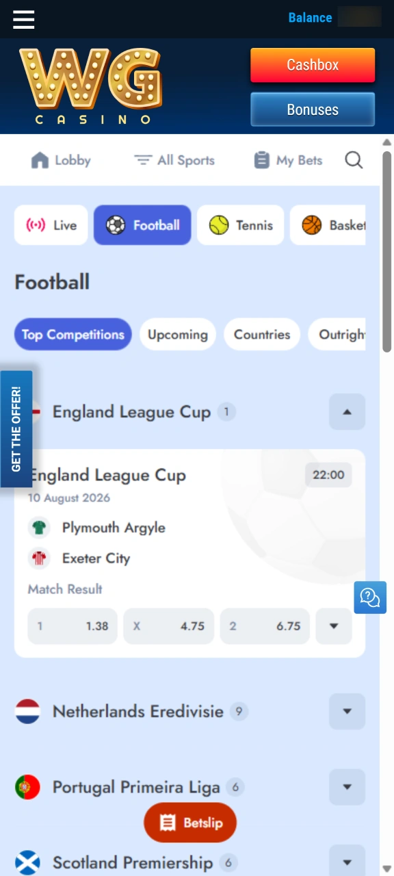 Select live or pre-match sports matches at WG casino.