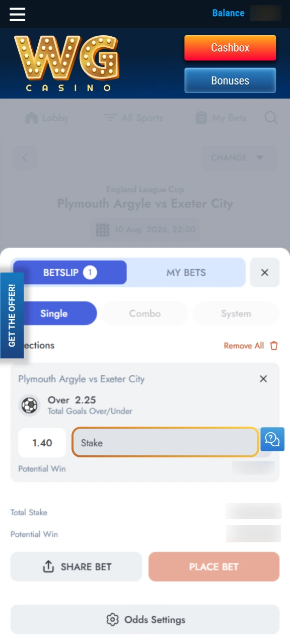 Enter your wager amount on the WG casino betslip.