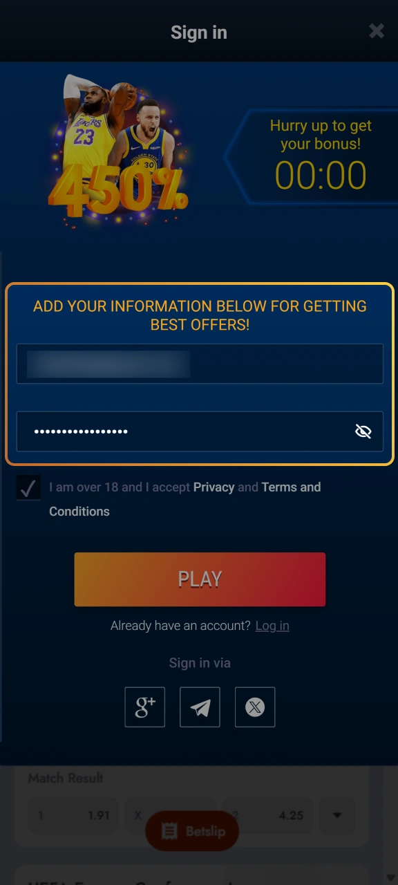 Fill in your personal details to join WG casino.