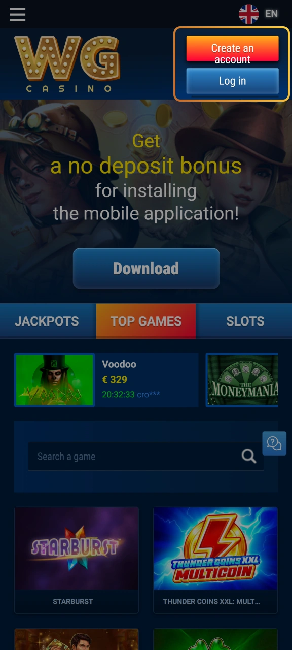 Choose your preferred sign-up option at WG casino.
