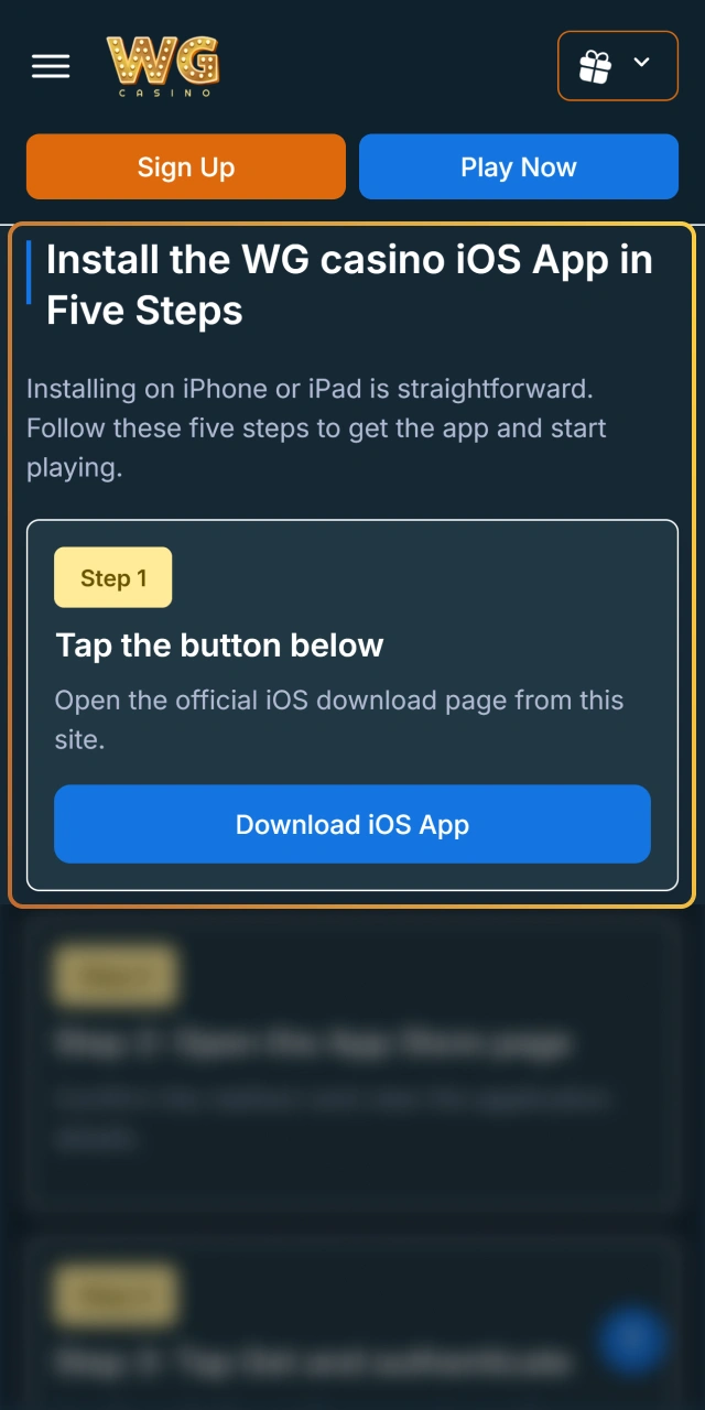 Click the download link to get WG casino on iOS.