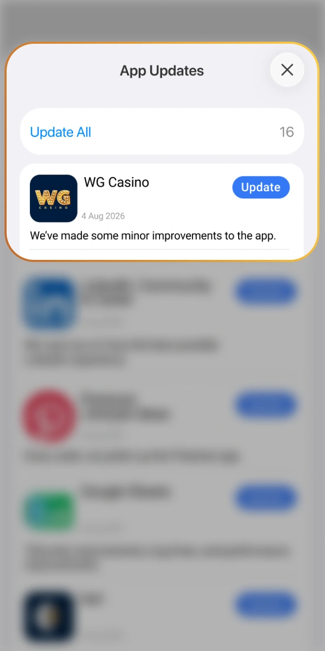 Click update to get the latest WG casino features.