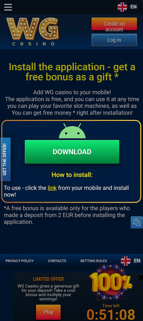 Tap to open the official Android download page for WG casino.