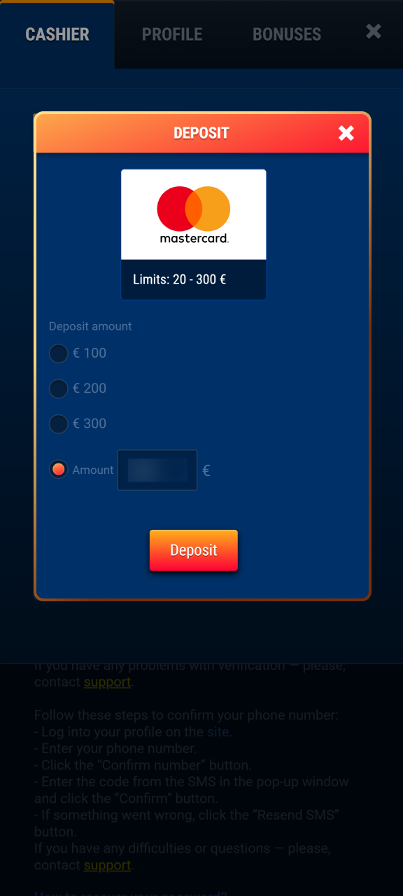 Deposit funds using cards or crypto to start playing on WG casino.