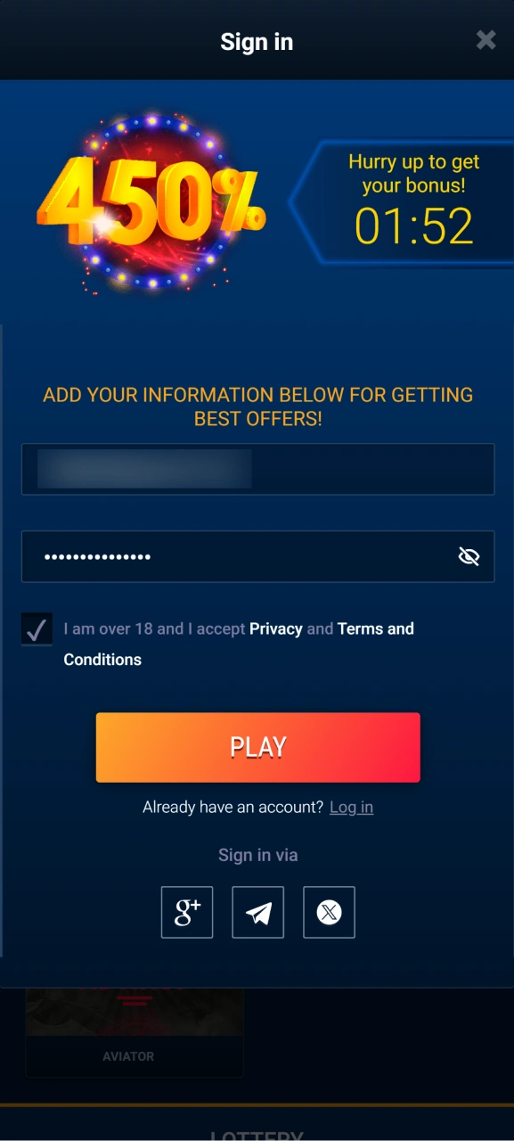 Click the login button to enter your personal WG casino account.