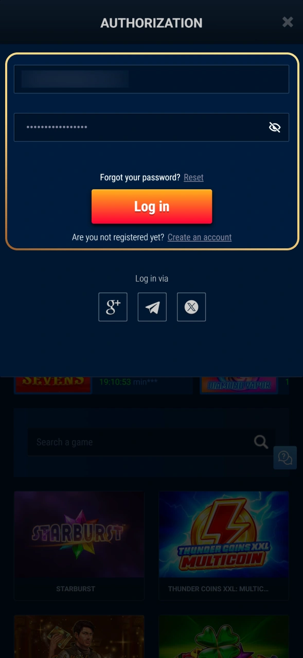 Type your email and password to access your WG casino account.