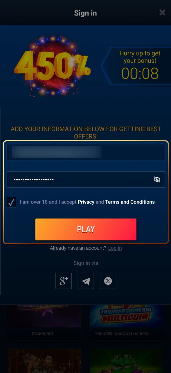 Enter your personal details to set up your WG casino account.