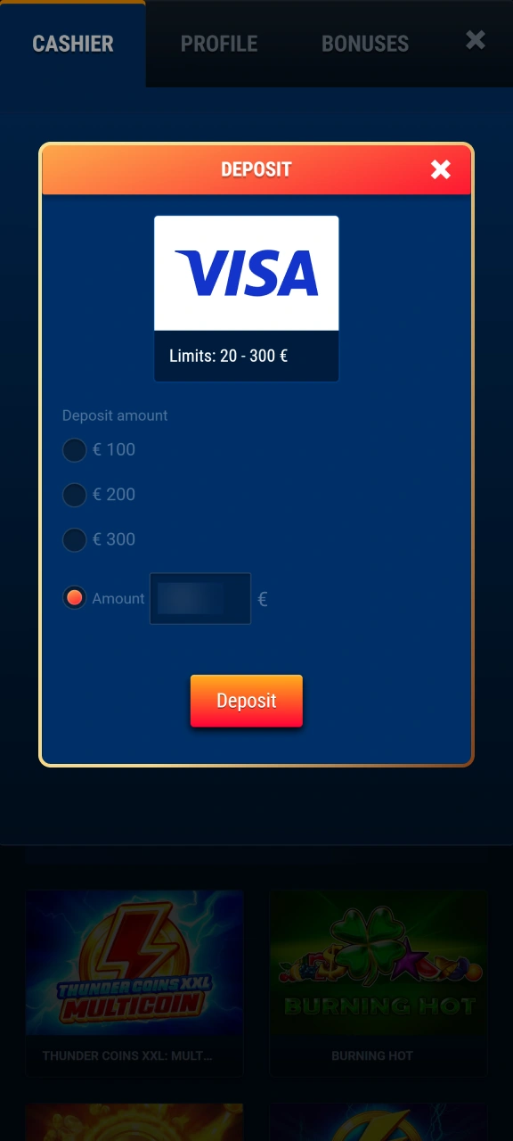 Top up your account balance to begin playing at WG casino.