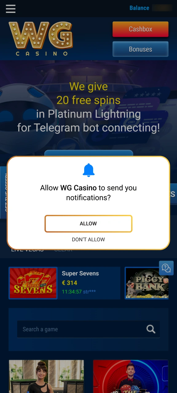 Enable mobile notifications for special bonus alerts from WG casino.