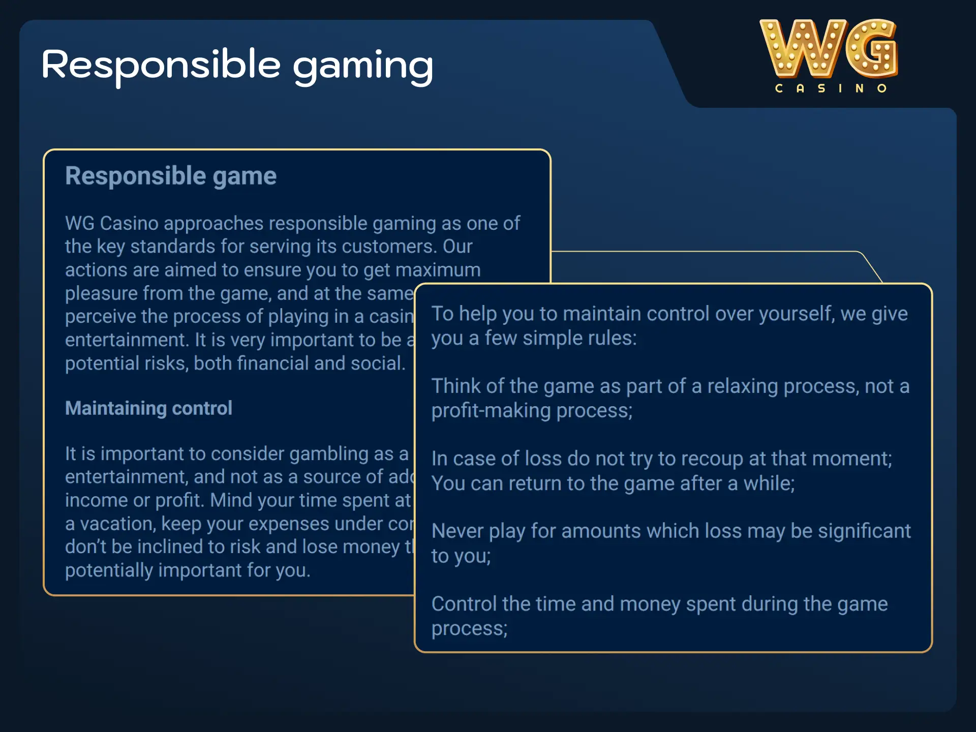 Access self-exclusion tools and safe gambling guidance at WG casino.