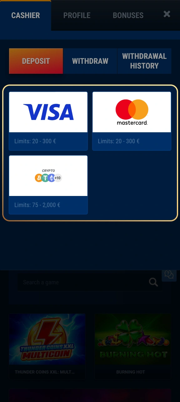 Top up your account balance using secure UK payment methods at WG casino.