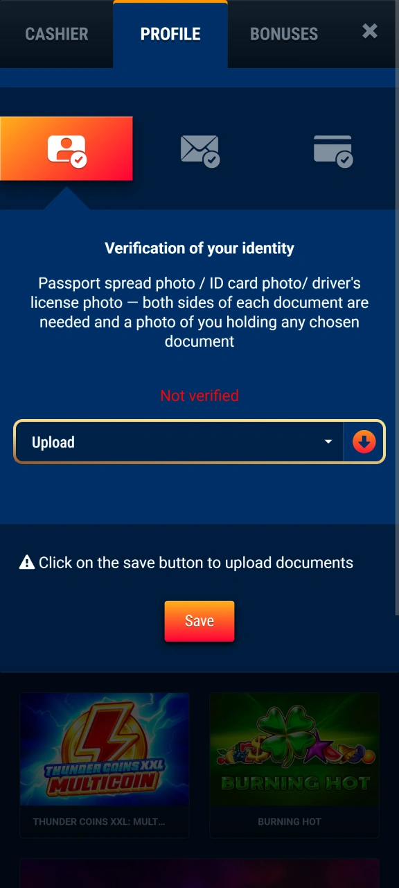 Submit required identity documents to verify your profile on WG casino.