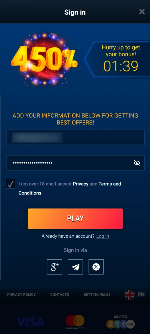 Create your new player profile by registering at WG casino.