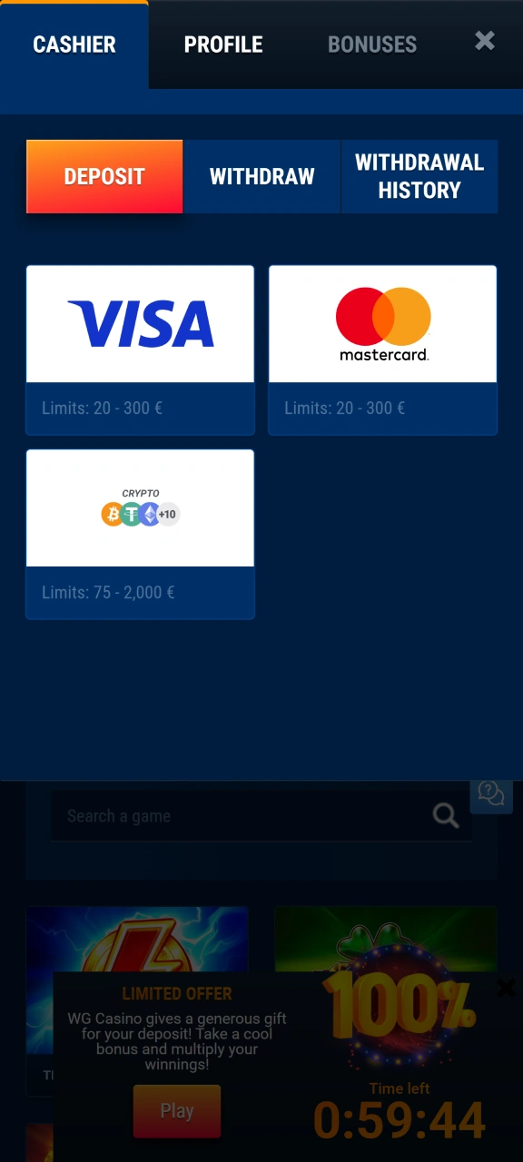 Top up your balance via cards, or crypto on WG casino.