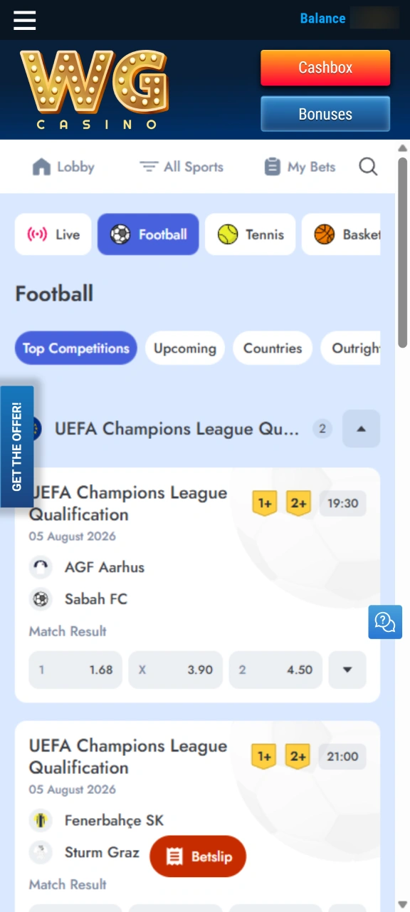 Select your preferred sports betting markets on WG casino.