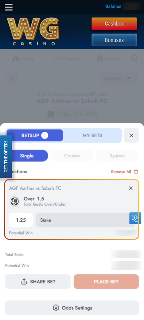 Input your stake and place your sports bet on WG casino.