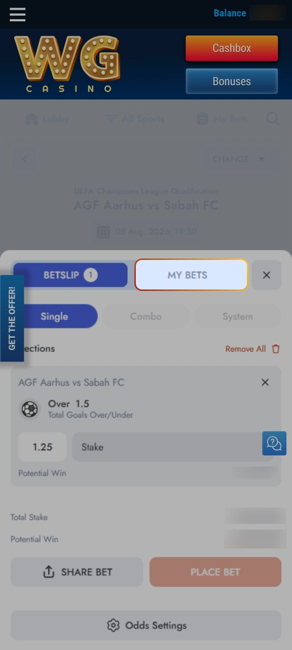 Monitor active bets and utilize cash out features on WG casino.
