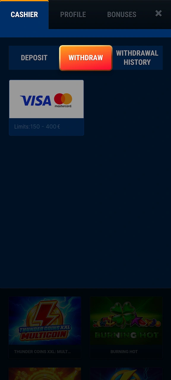 Select the withdrawal tab to cash out your WG casino winnings.