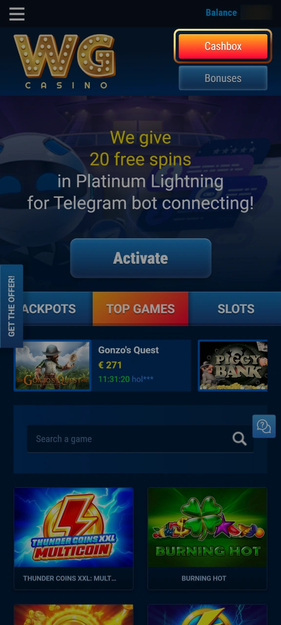 Navigate to the cashier section to add funds to WG casino.
