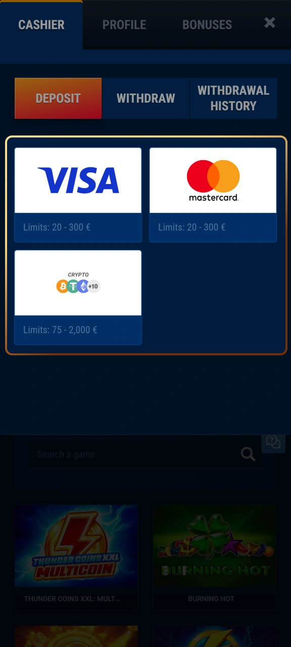 Select your preferred UK payment option on WG casino.