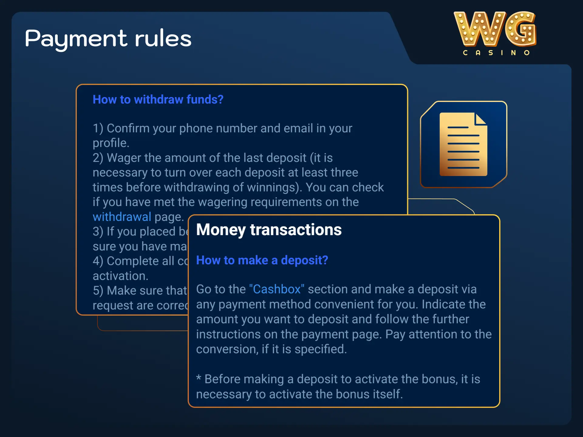 Read essential payment terms and limits before transacting on WG casino.