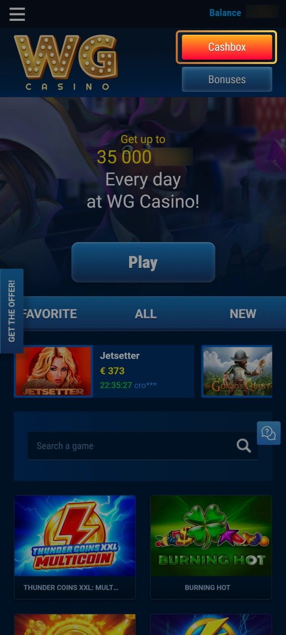 Activate your promo code in the cashier section at WG casino.