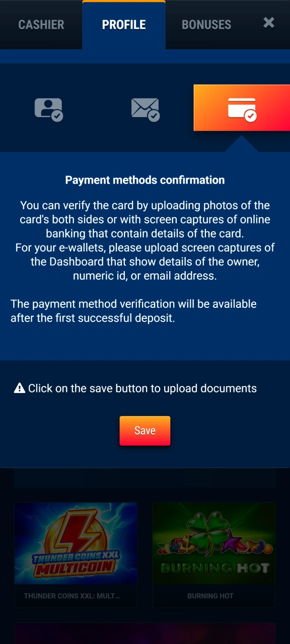 Verify your chosen banking method to enable payouts at WG casino.