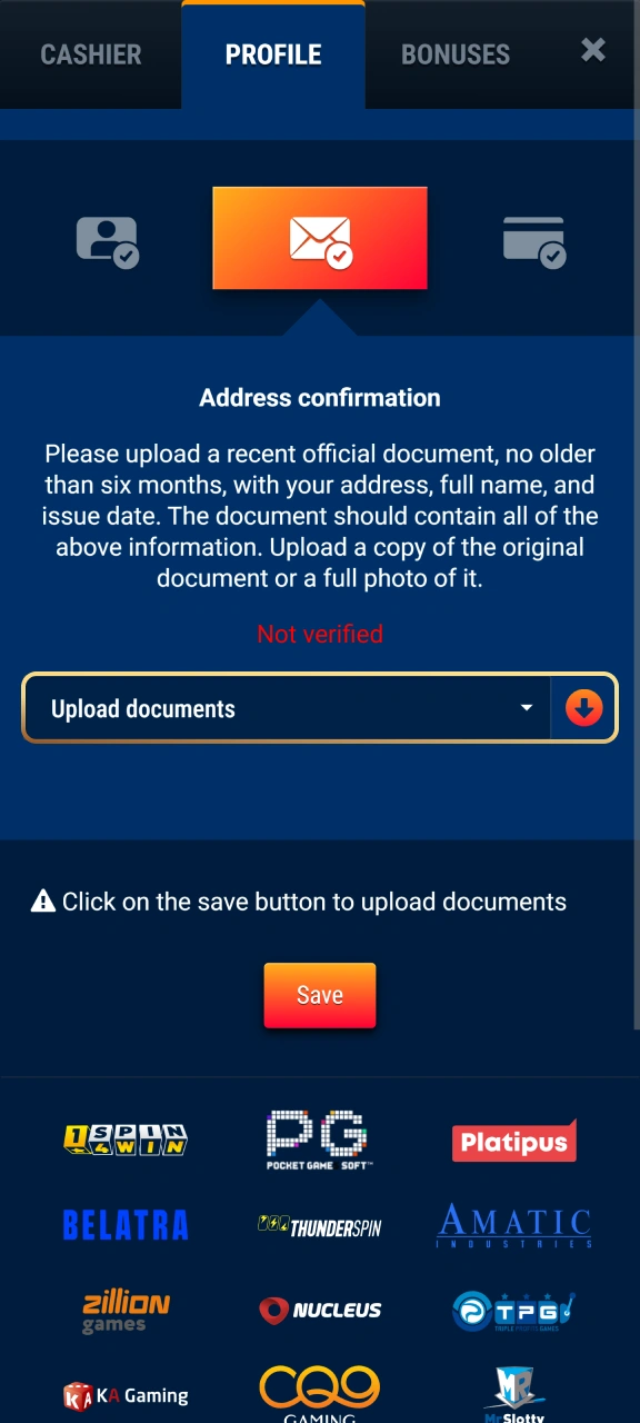 Upload a utility bill or statement to verify your WG casino residence.