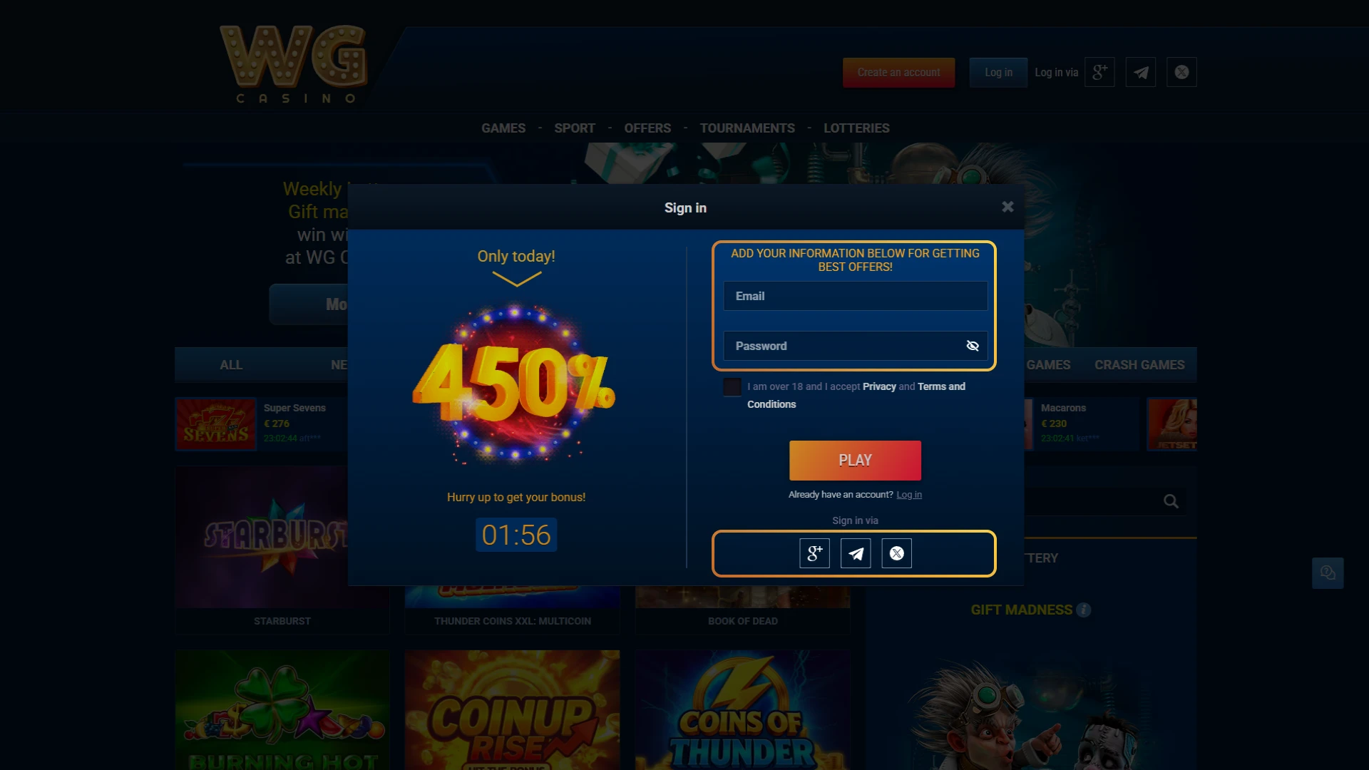 Select your preferred registration method on WG casino.
