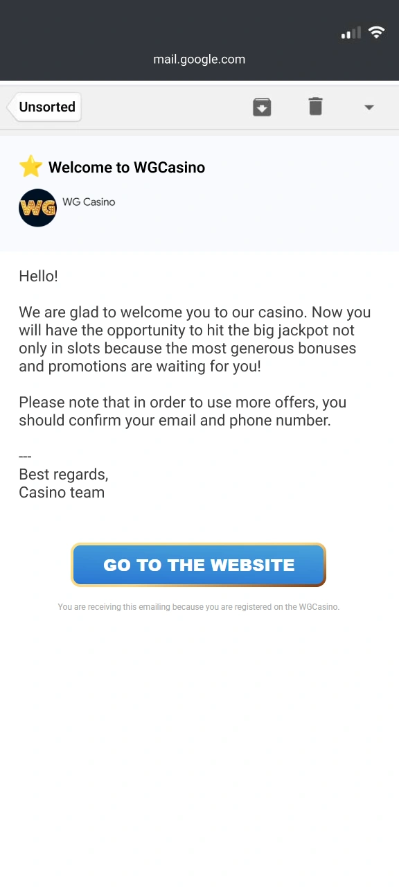 Enter the verification code sent to secure your WG casino profile.