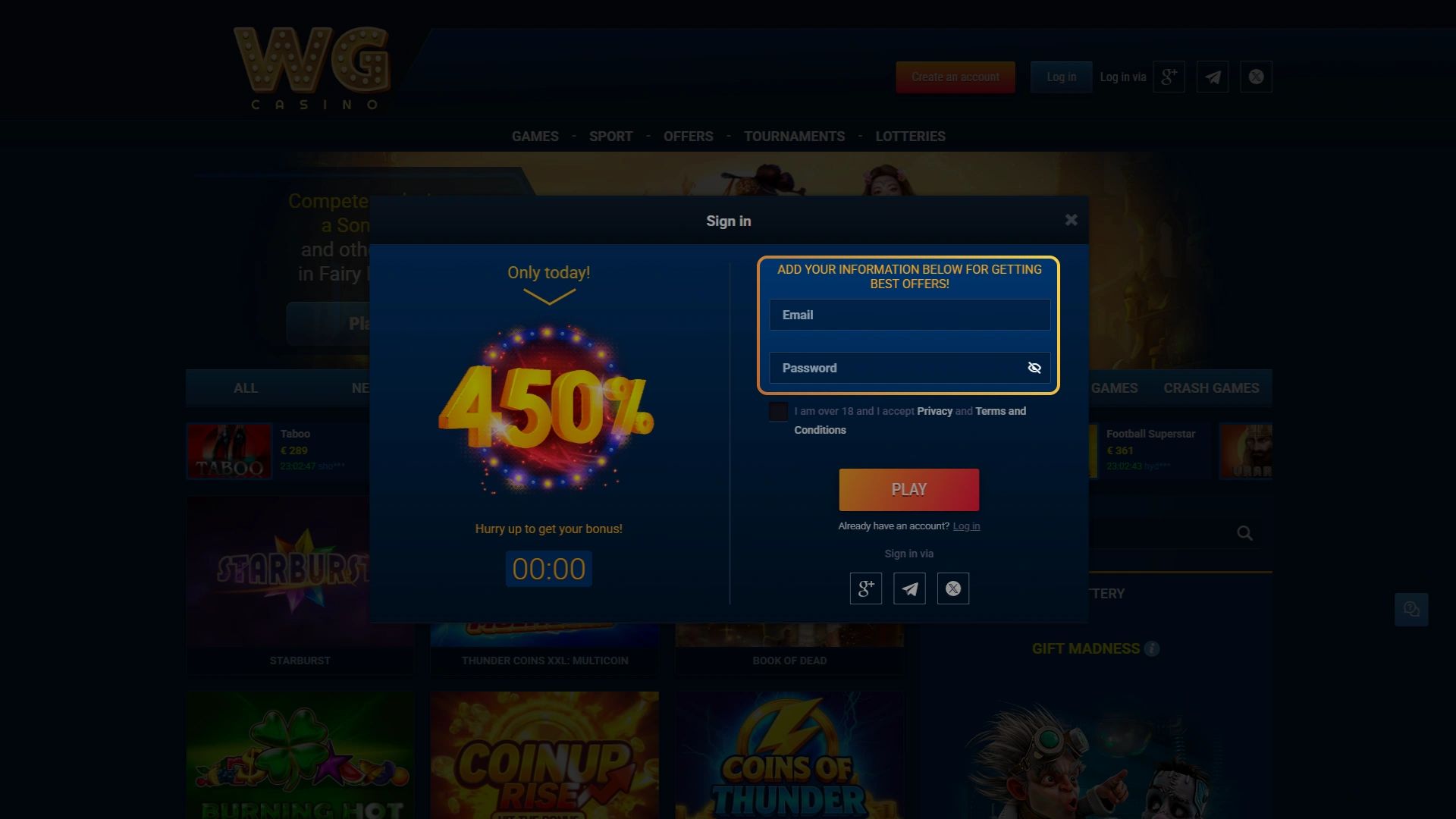 Fill in your personal information to join WG casino.