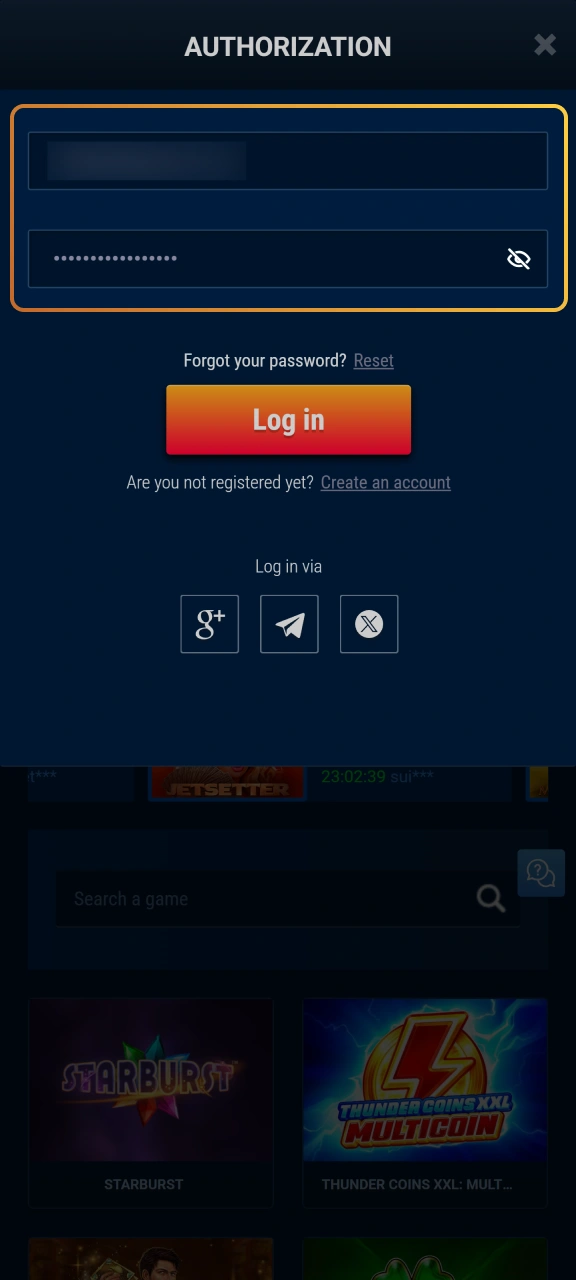 Type your login details to enter your personal WG casino account.