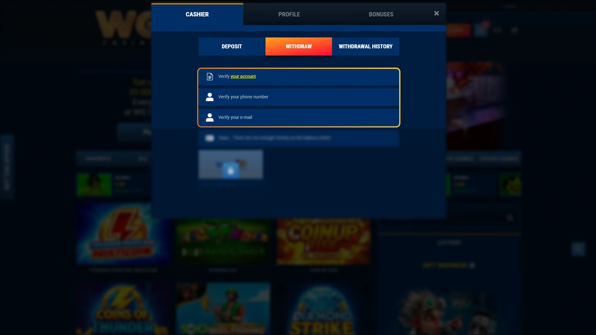 Verify your email address or phone number for WG casino.
