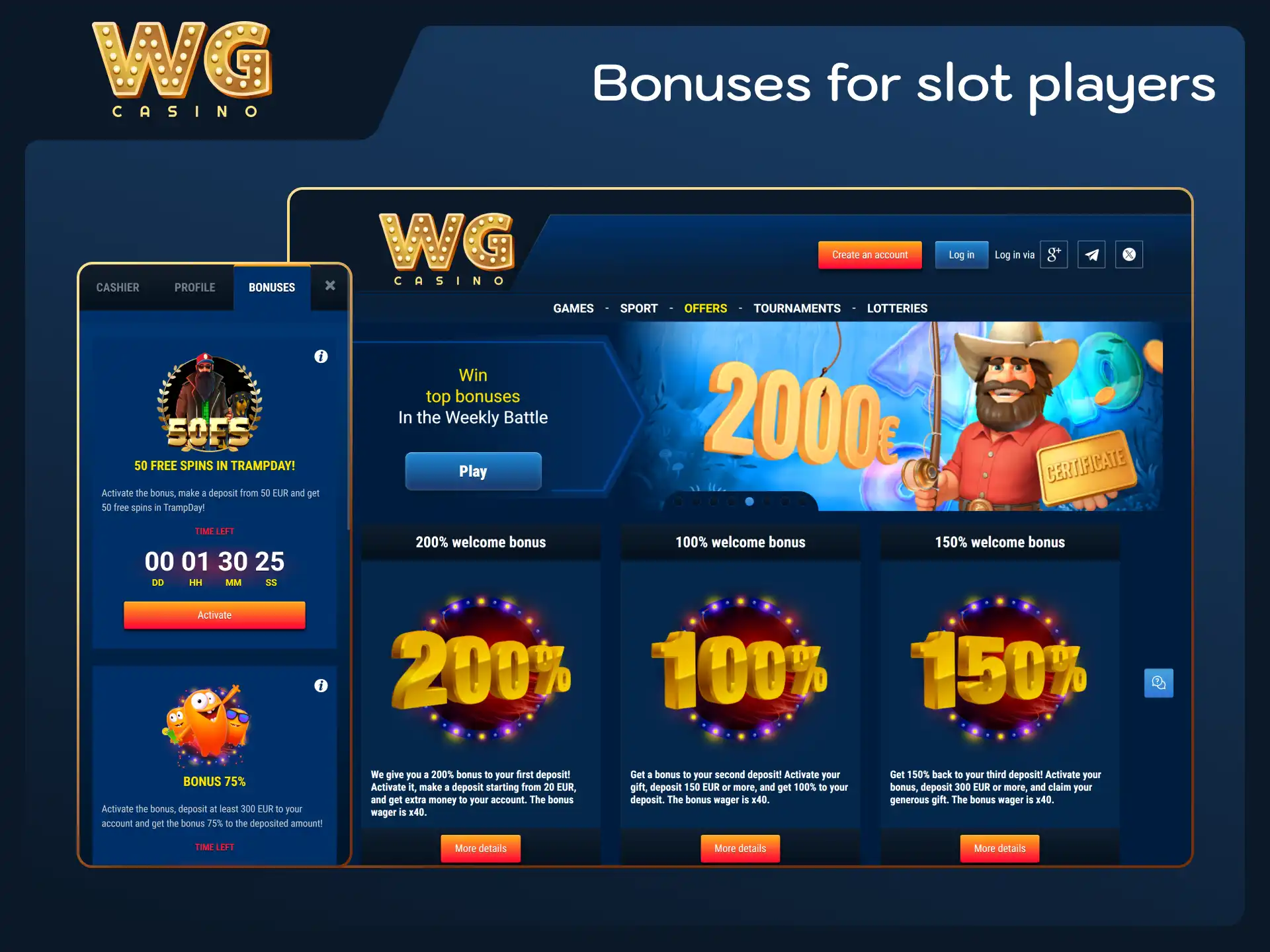 Claim extra spins and match promotions to play WG casino slots.