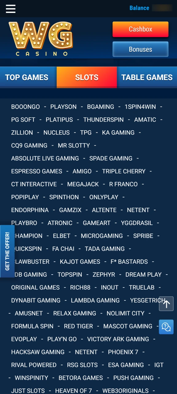 Use category filters to find your favorite slots at WG casino.
