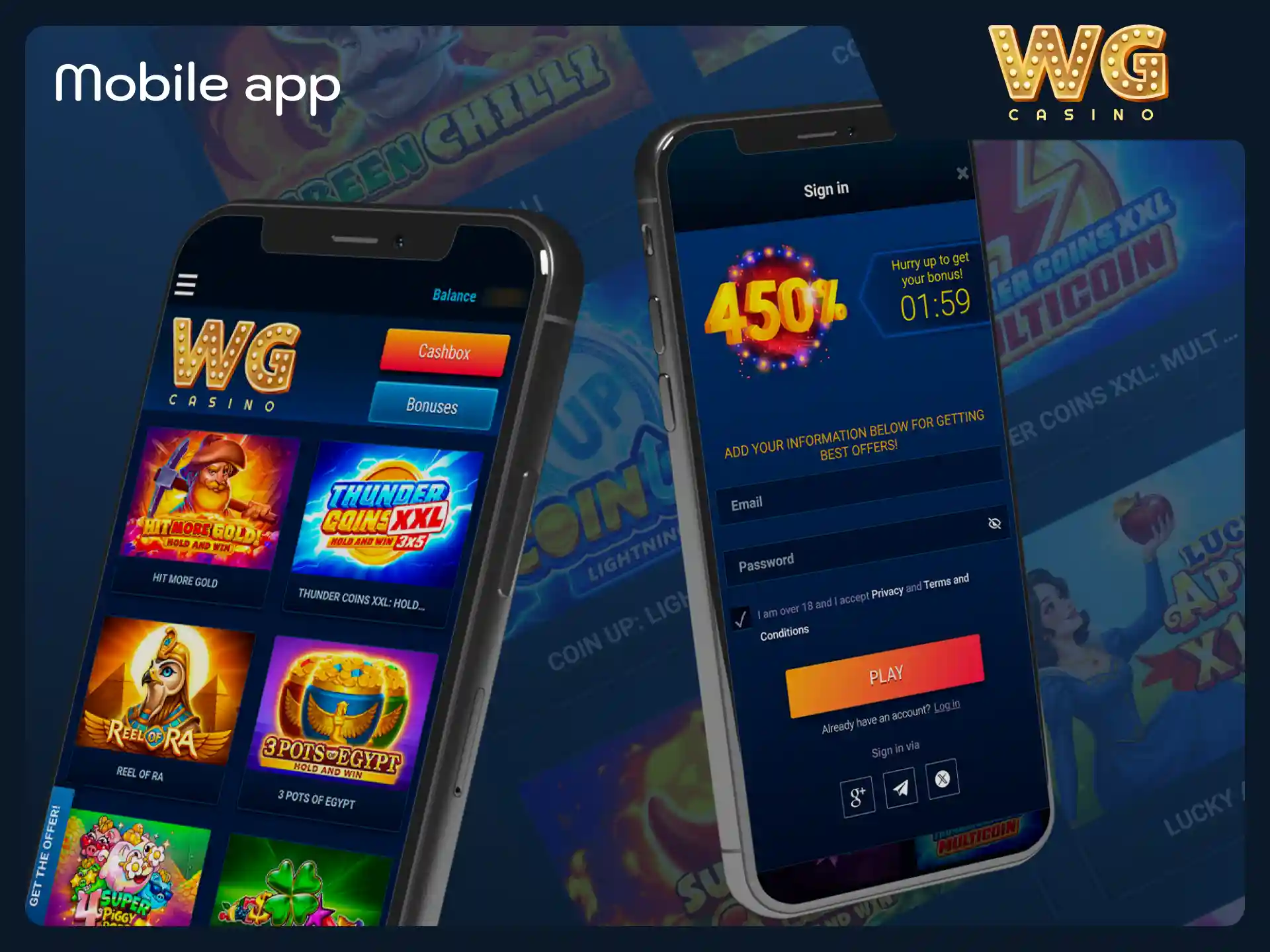 Download the mobile app or PWA to spin slots at WG casino.